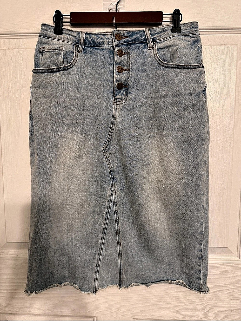 The Main Street Exchange Sydney Distressed Raw Hem Denim Skirt Sydney Denim Midi